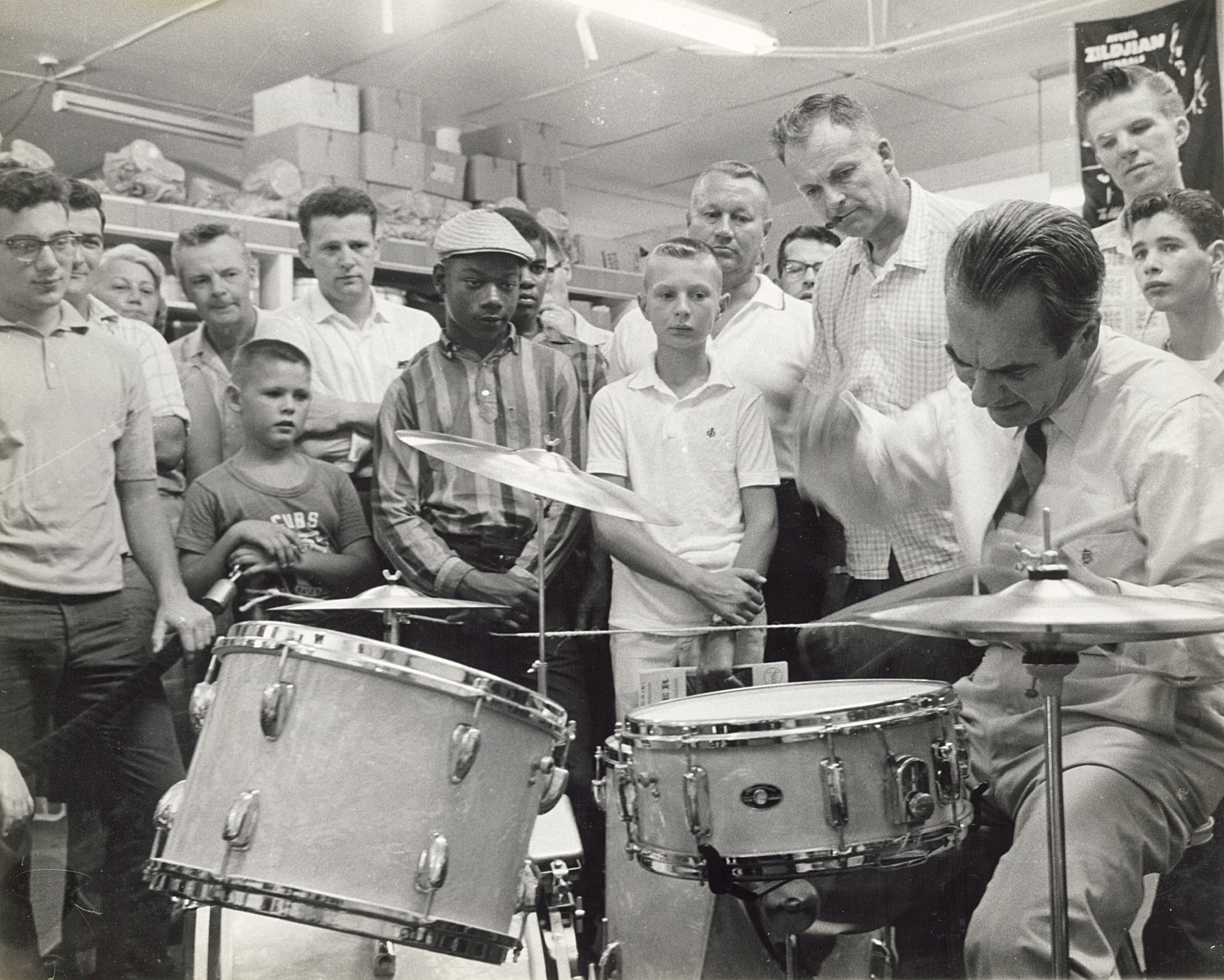 Slingerland Gene Krupa playing in drum shop for diverse group